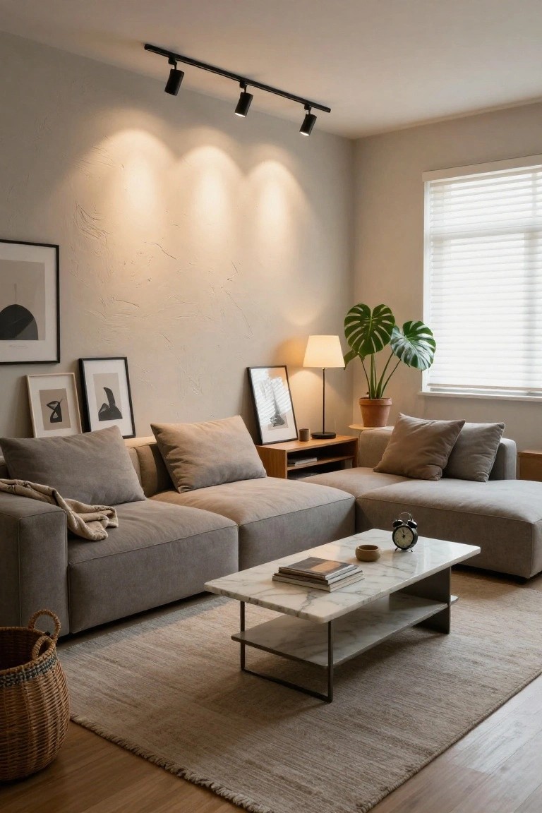 Modern living room with gray L-shaped sofa, white marble coffee table on beige rug, black ceiling track with four spotlights aimed at textured beige wall and abstract art, monstera plant by window with blinds, and wood sideboard with lamp.