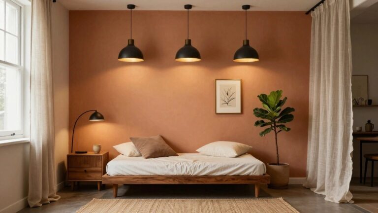 Studio apartment with layered lamps instead of one overhead light