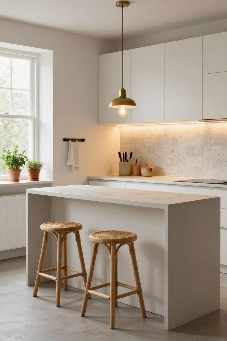 Modern minimalist kitchen interior with white cabinets, beige subway tile backsplash, central white island topped with light stone and two rattan bar stools, brass pendant light hanging over the island, under-cabinet LED lighting, knife block and herbs on counter, plants in windowsill pots, and radiator below window.