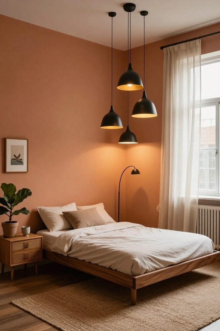 Cozy bedroom corner featuring a low wooden platform bed with white linens, terracotta-painted walls, a cluster of four black conical pendant lights hanging from the ceiling, a black arc floor lamp, a potted fiddle leaf fig plant on a wooden nightstand, and sheer white curtains over a window with a radiator below.