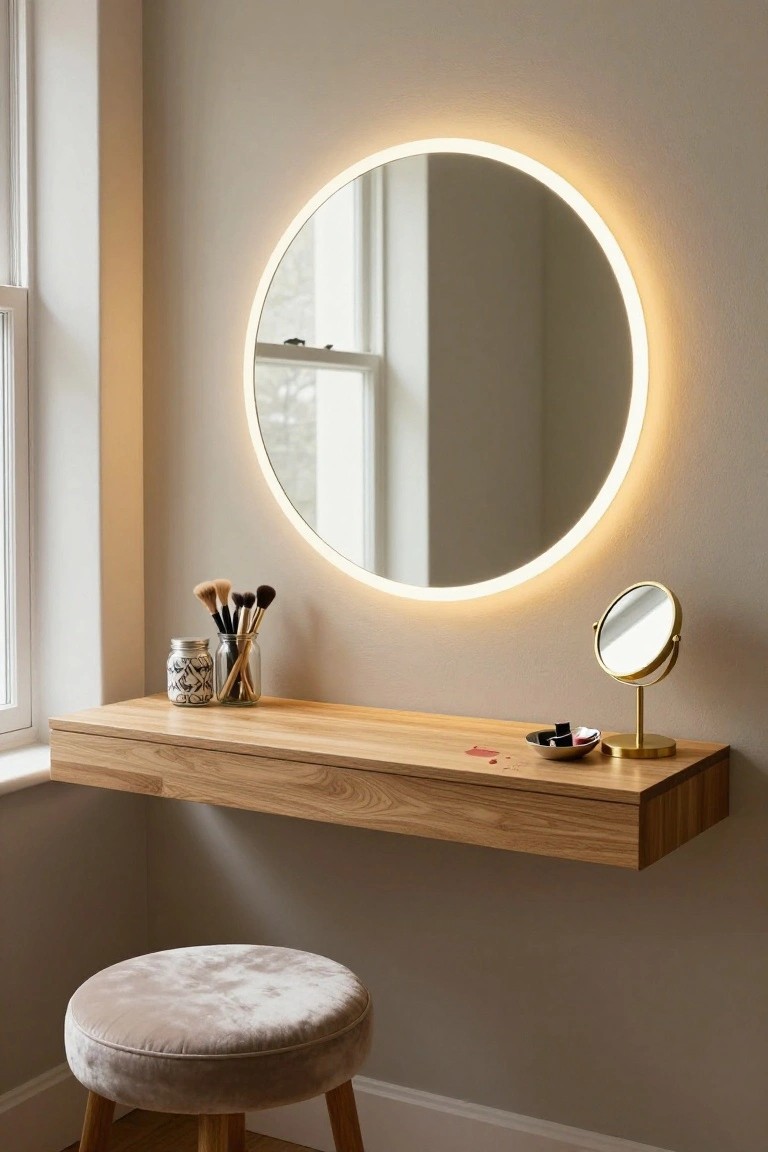 Corner floating wooden vanity desk with a large round mirror featuring LED backlighting around the edge, makeup brushes in glass jars, small gold vanity mirror, dish of cosmetics, and cream pouf stool below in a light gray room with window.