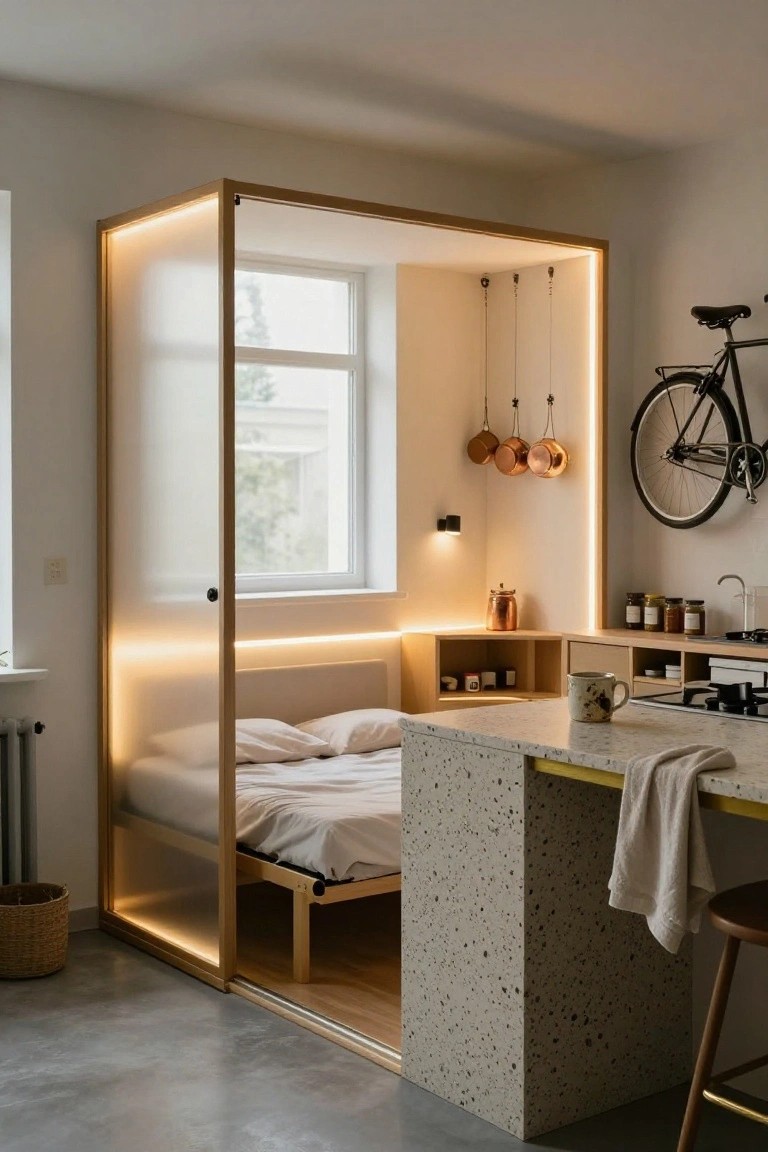 Wooden-framed glass enclosure with a bed inside, illuminated by warm LED strips along the edges, positioned next to a kitchen counter in a compact studio apartment with a wall-mounted bicycle.