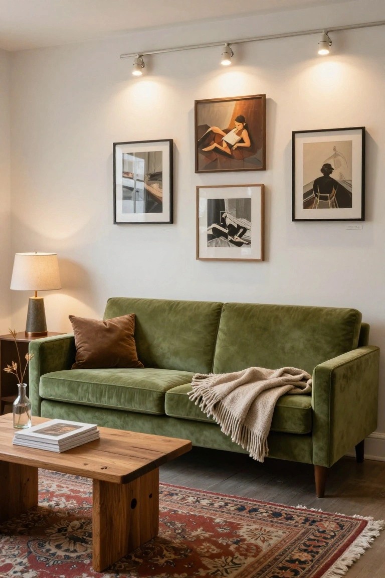 A living room featuring a green velvet sofa on a red Persian rug, a wooden coffee table, wall art in various frames, a table lamp on a side table, and ceiling track lights illuminating the artwork.