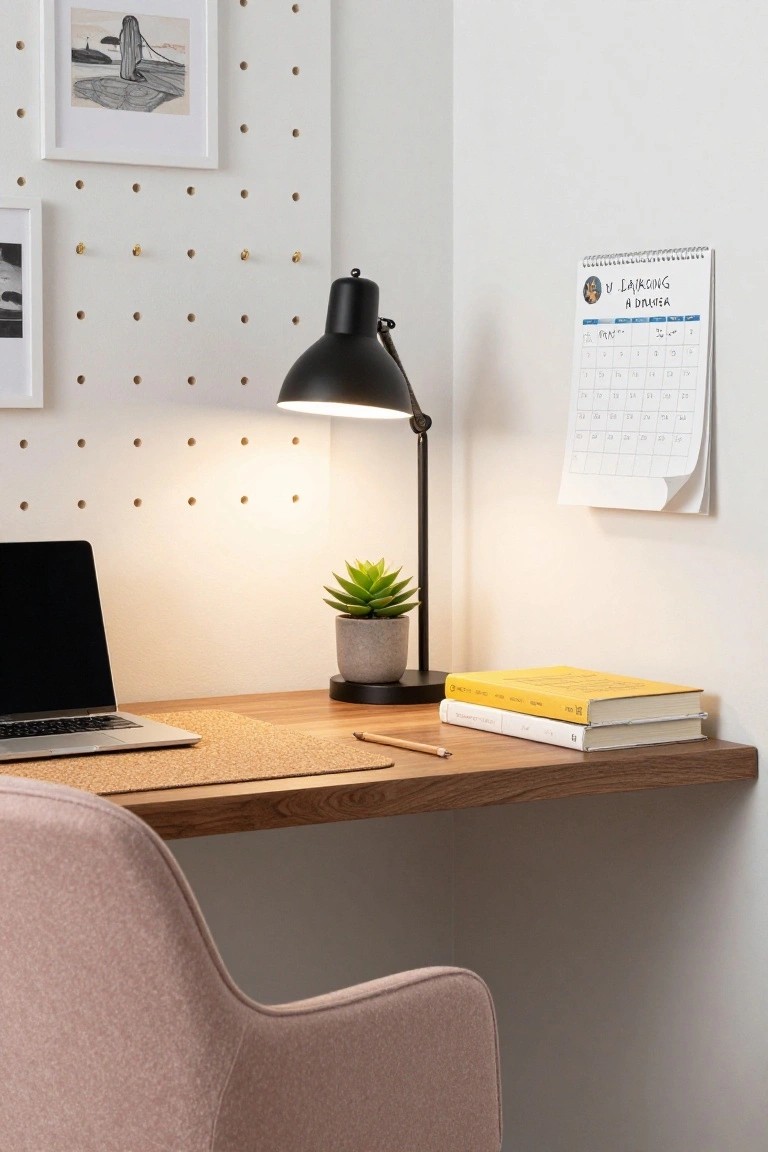 Minimalist indoor workspace with floating wooden desk, open laptop, lit black adjustable desk lamp, gray pot with succulent plant, stacked yellow and white books, pencil, and pegboard wall with photos and calendar.