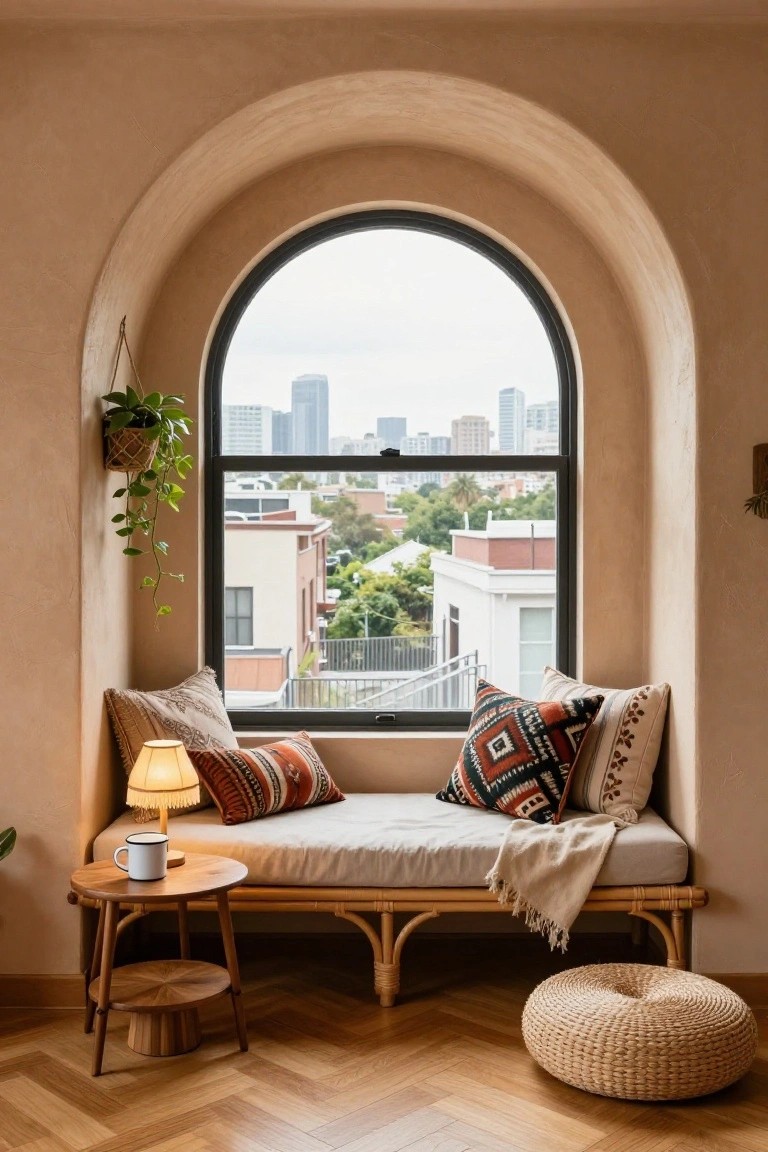 Beige interior room with arched black-framed window overlooking city skyline and buildings, rattan bench with patterned cushions and throw, wooden side table holding lamp and mug, hanging plant, and woven pouf on herringbone wood floor.