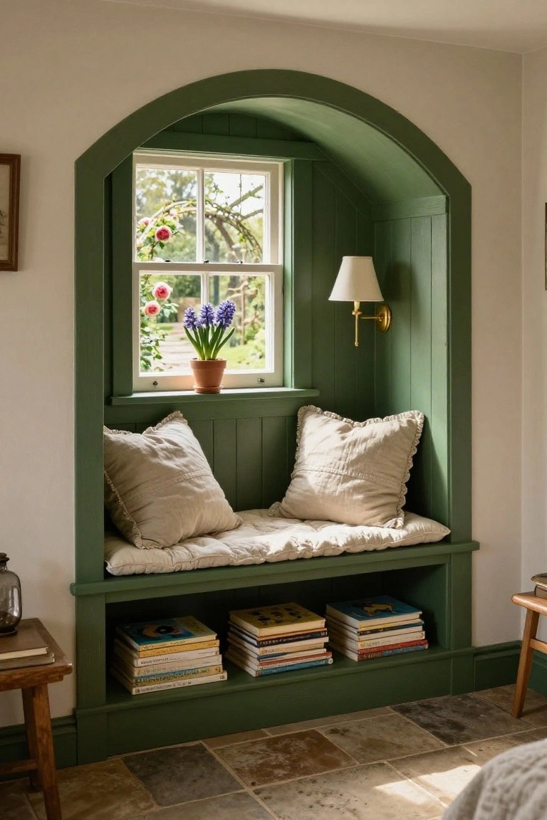 Green-painted arched window alcove with cushioned bench seat, beige pillows, stacked books underneath, potted hyacinth on sill, wall lamp, small tables nearby, and garden view through multi-pane window.