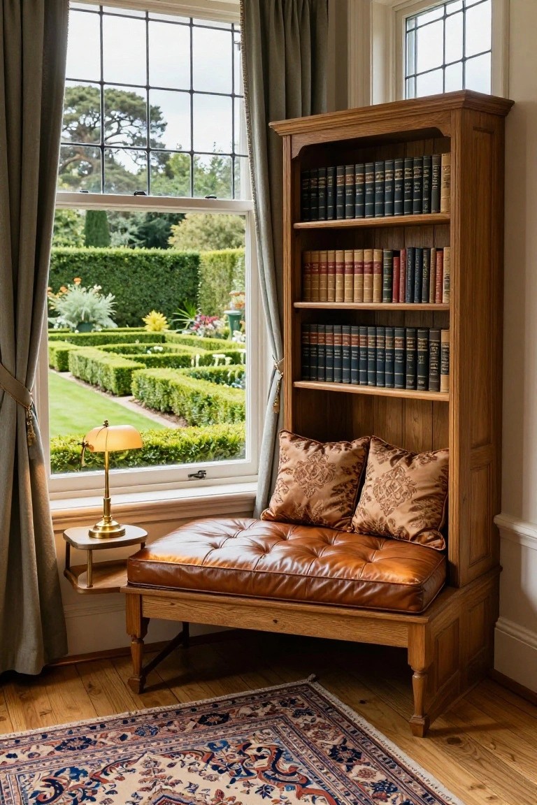 Tall wooden bookshelf with built-in cushioned leather window seat and pillows, next to large curtained windows overlooking a formal garden with hedges and paths.