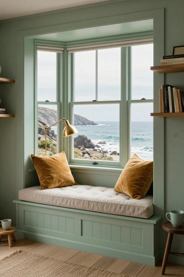 Sage green built-in window seat with beige mattress, yellow velvet cushions, brass lamp, bookshelves, and ocean view through three-pane bay window in a room with wood floor and seagrass rug.
