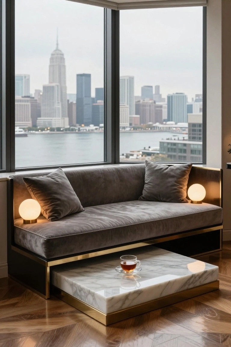 Gray velvet built-in corner sofa by floor-to-ceiling windows overlooking New York City skyline, river, and buildings, with low white marble table holding a teacup, globe lamps, and parquet wood floor.