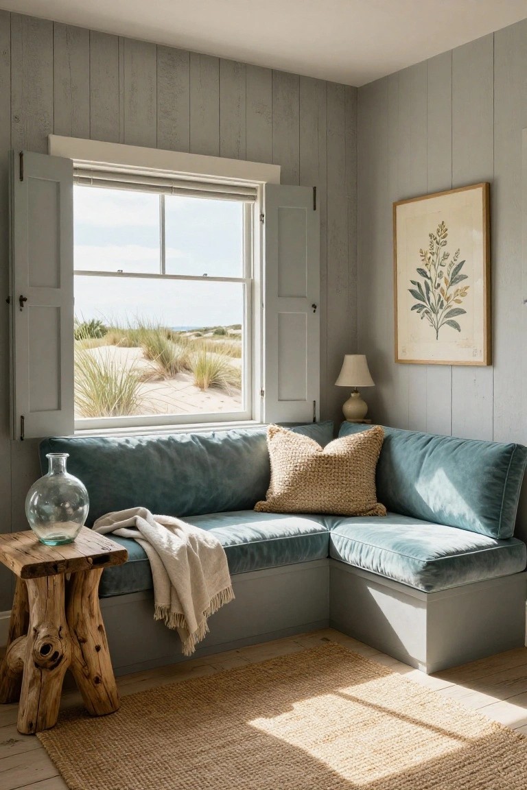 Gray shiplap-paneled corner room with L-shaped blue velvet bench under a window with open white shutters showing sand dunes and beach grass, wooden side table holding glass vase and lamp, beige throw pillow and knit rug on floor.