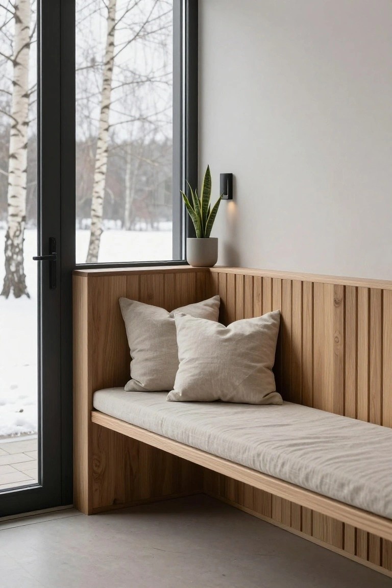 Corner indoor bench seat with light oak vertical paneling, beige cushions and pillows, potted snake plant on shelf next to black wall light, large black-framed glass door with view of birch trees and snow outside.
