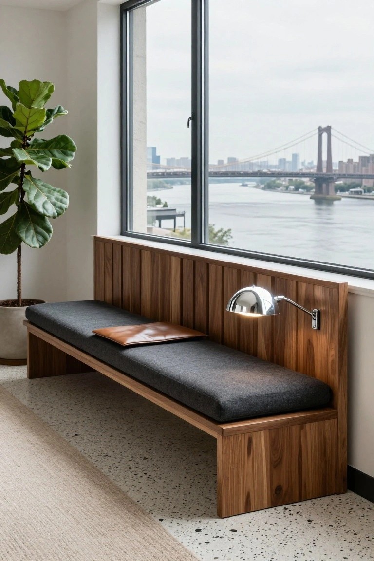 Wooden paneled wall with built-in bench seat in gray cushion next to a large window showing a river, bridge, and city buildings, plus a potted green plant and wall lamp.