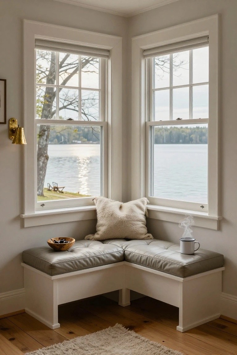 Built-in corner bench with gray leather cushions and white pillow under two large windows overlooking a lake, with a wooden bowl, enamel mug, and brass bell lamp on the side in a light gray room.