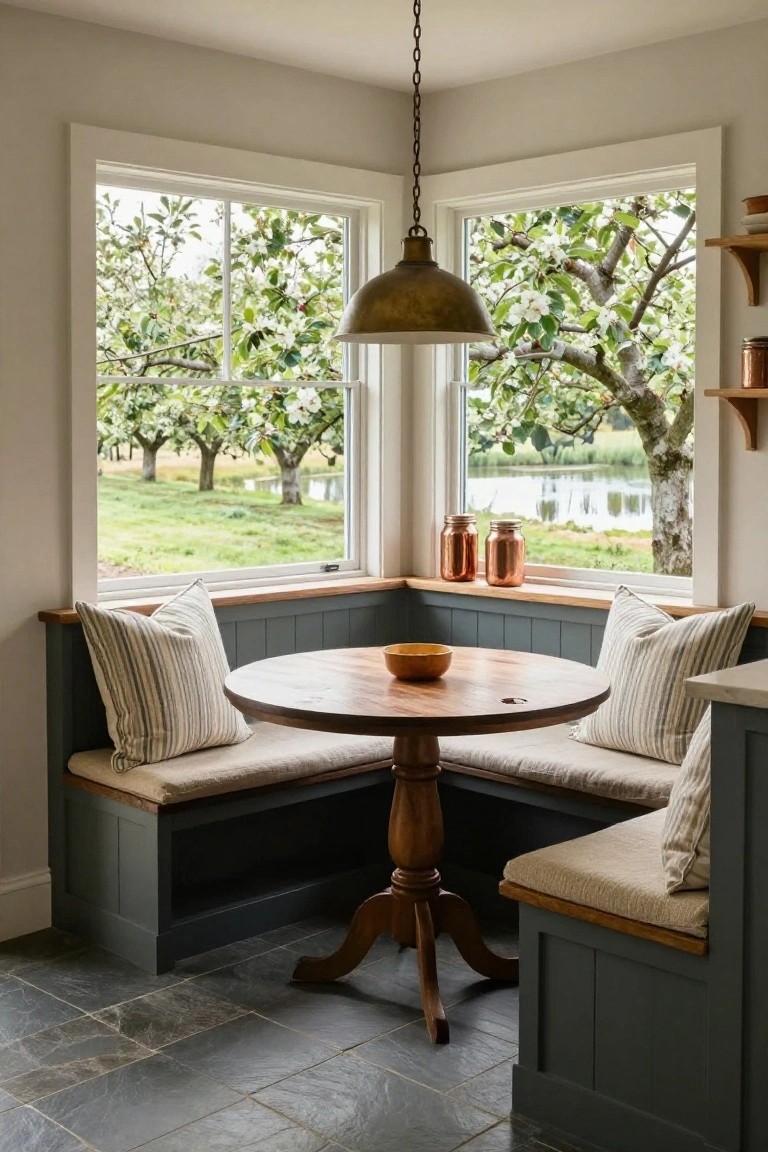 Corner kitchen nook featuring dark teal built-in benches with striped and neutral cushions around a round wooden pedestal table, under a brass pendant light, with large windows overlooking apple trees, fields, and a lake.