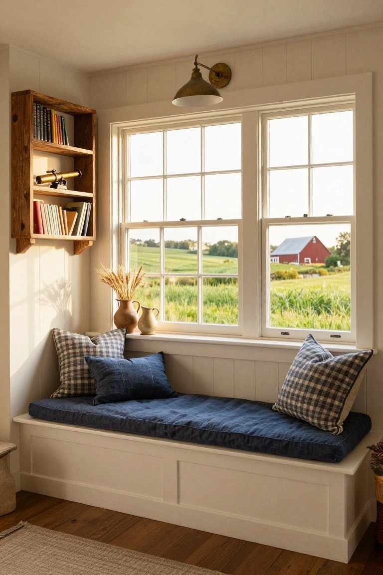 White paneled corner room with built-in cushioned window seat bench in navy blue, plaid and solid pillows, wooden shelves holding books and a brass telescope, clay pots with wheat, and double windows showing green fields and red barn.