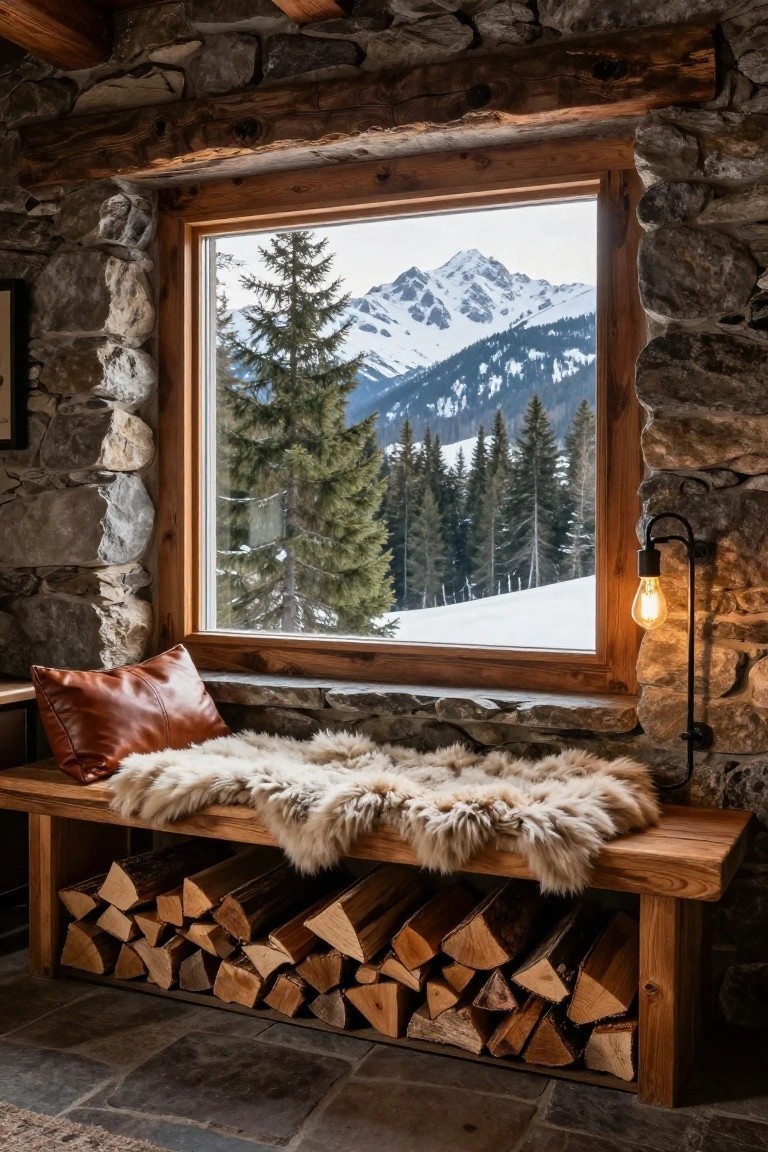 Stone-walled room interior featuring a wooden bench window seat with firewood stacked underneath, topped by a sheepskin rug and leather pillow, beside a large window overlooking snow-covered mountains and pine trees.