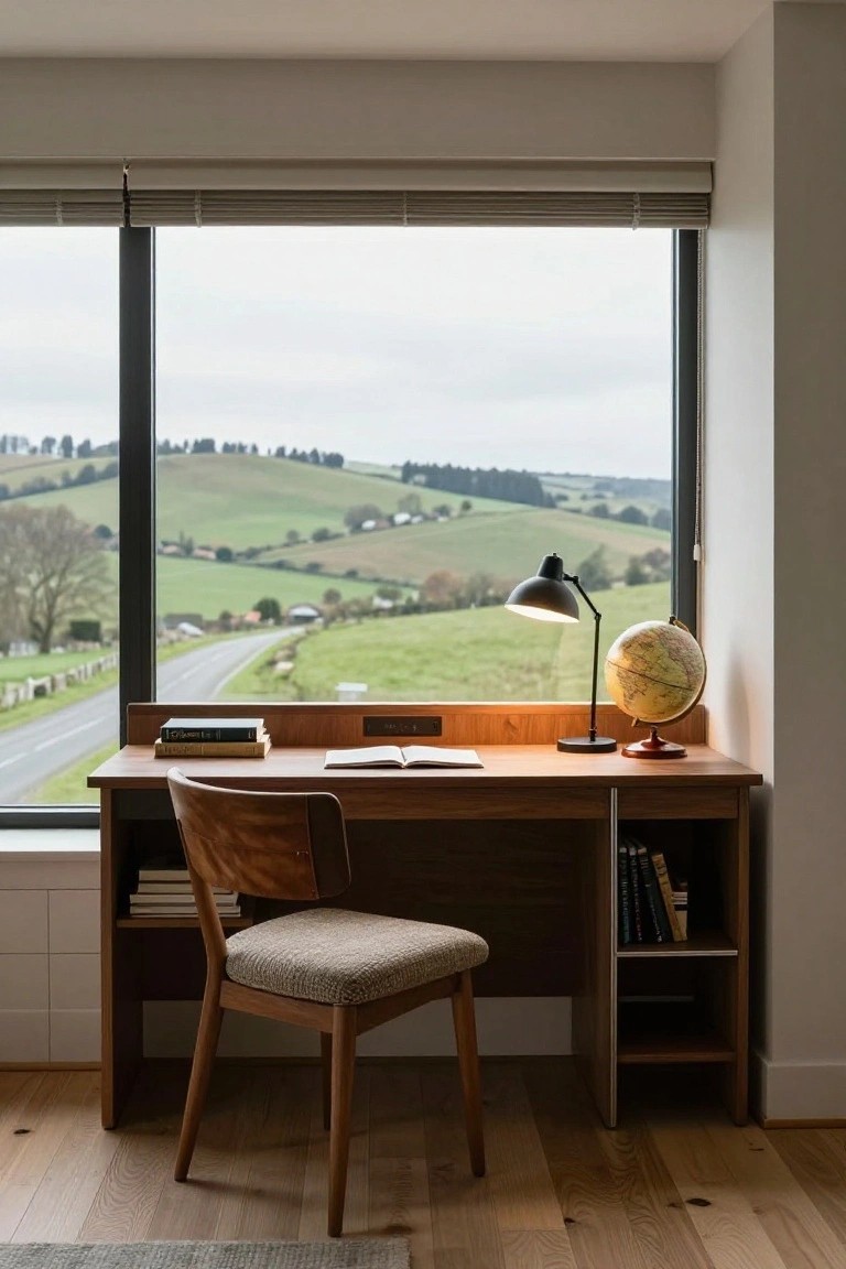 Wooden desk with open book, stacked books, adjustable black lamp, and yellow globe positioned against a large dark-framed window overlooking green rolling hills, trees, fields, and a road, with a wooden chair and bookshelves in a light room with wood floors.