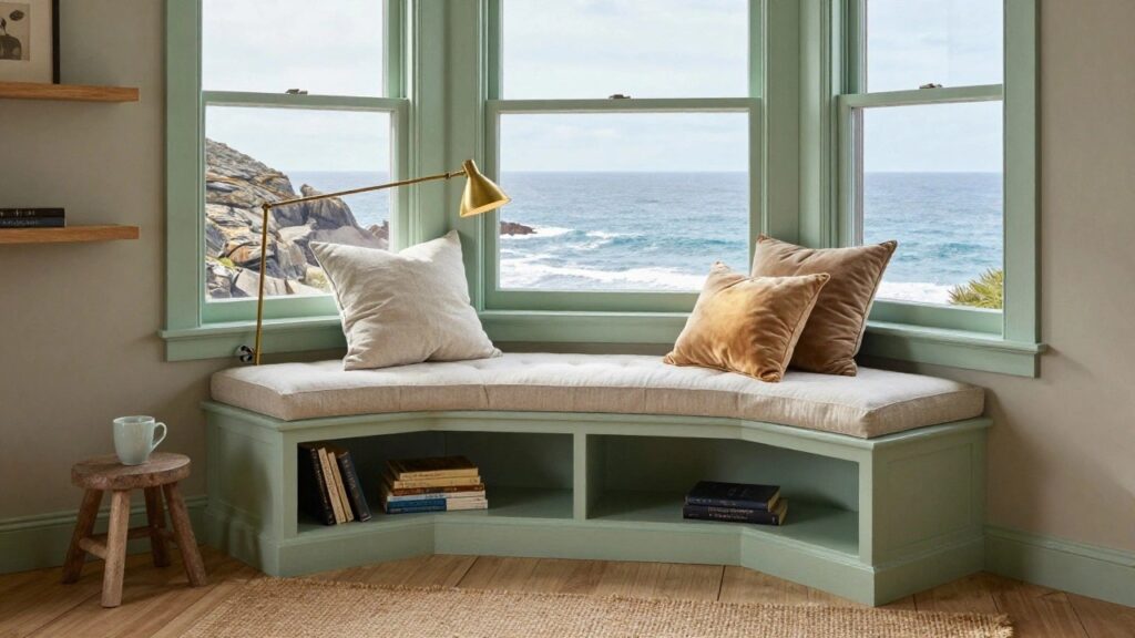 19 Dreamy Window Seat Reading Nook Ideas With a Scenic View Sage green built-in window seat with beige mattress, yellow velvet cushions, brass lamp, bookshelves, and ocean view through three-pane bay window in a room with wood floor and seagrass rug.