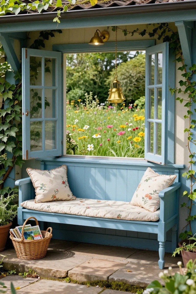 Blue wooden bench with beige floral cushions and pillows on a covered porch, flanked by open blue shutters framing a wildflower meadow, ivy climbing the walls, a gold hanging lantern, and a wicker basket holding books nearby.