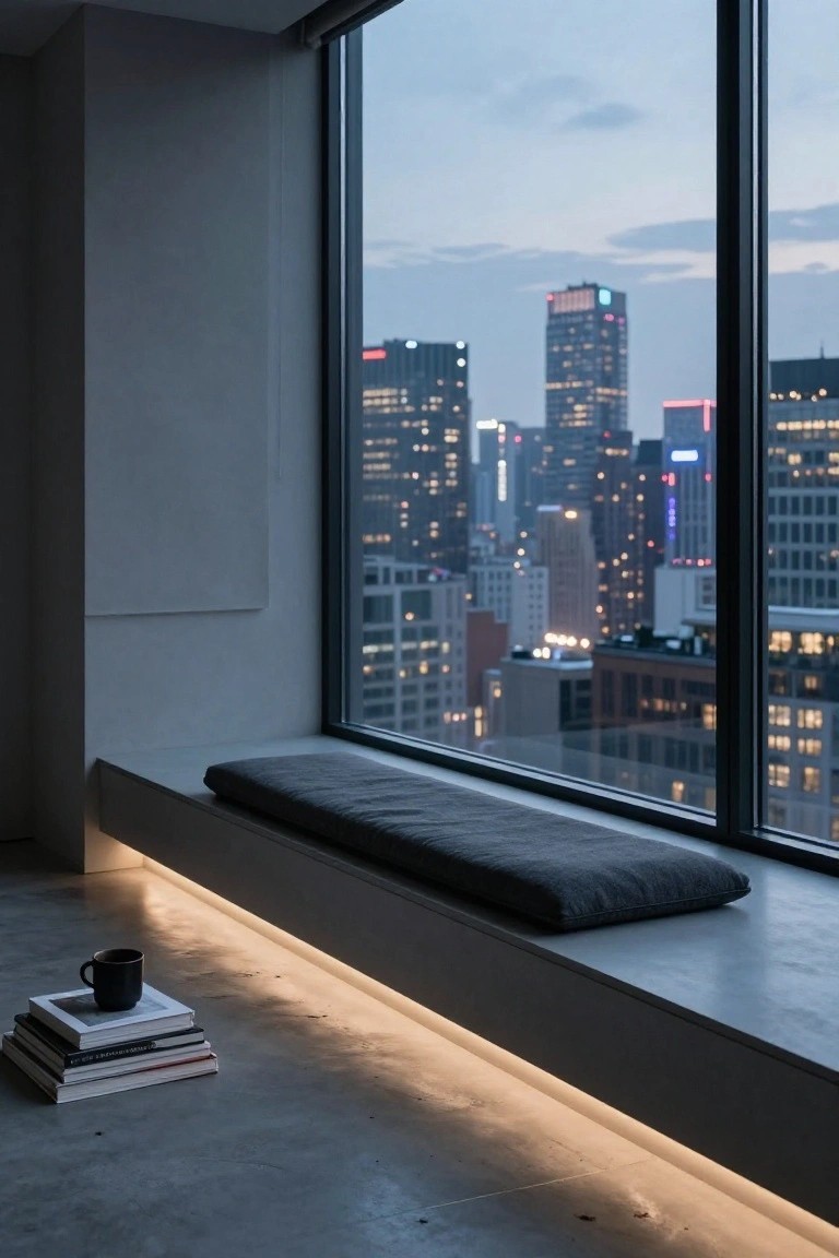 Modern room interior featuring a built-in concrete window bench with gray cushion, stack of books and black mug on the floor beside it, large windows showing city skyline at dusk.