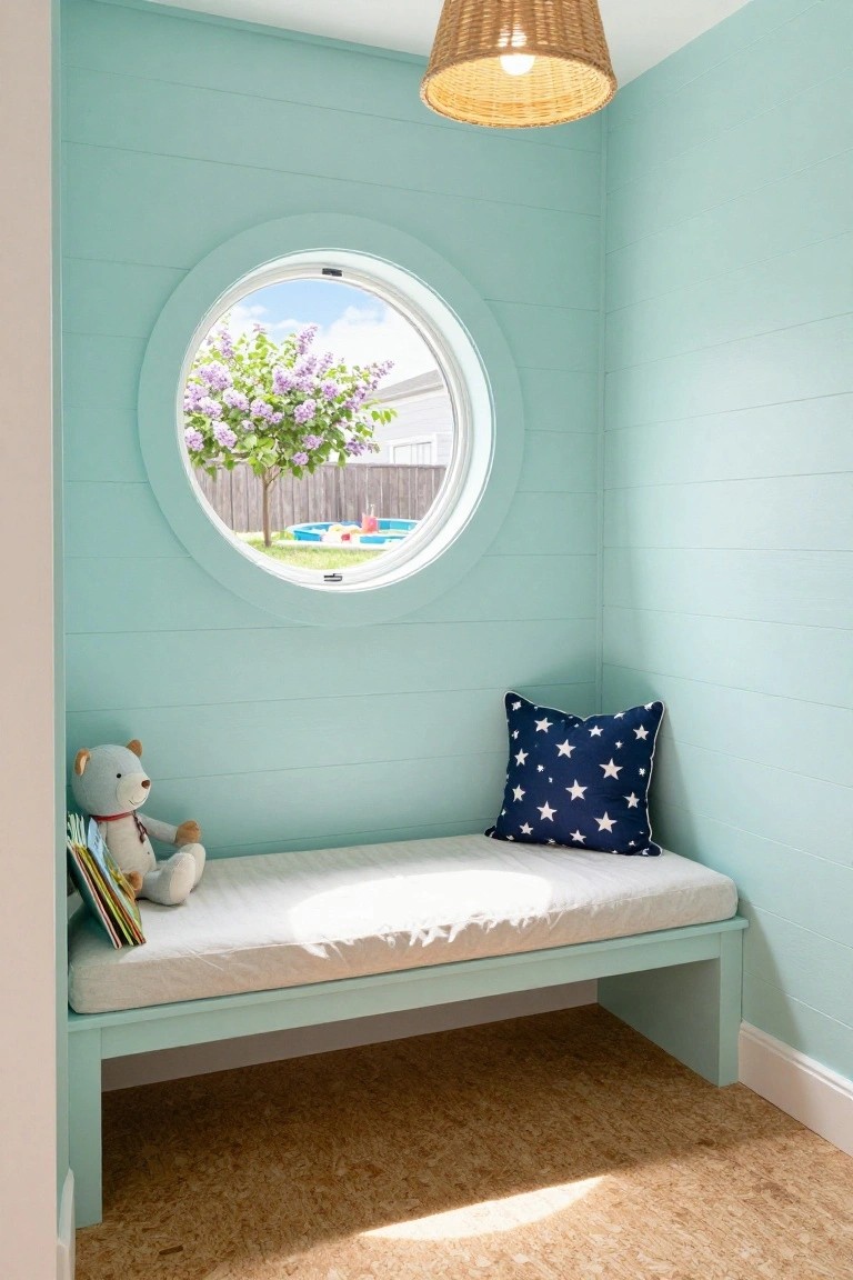 Light blue indoor nook with shiplap walls, a cushioned bench holding a teddy bear and book, under a large round window showing a purple flowering tree, fence, and blue backyard pool.
