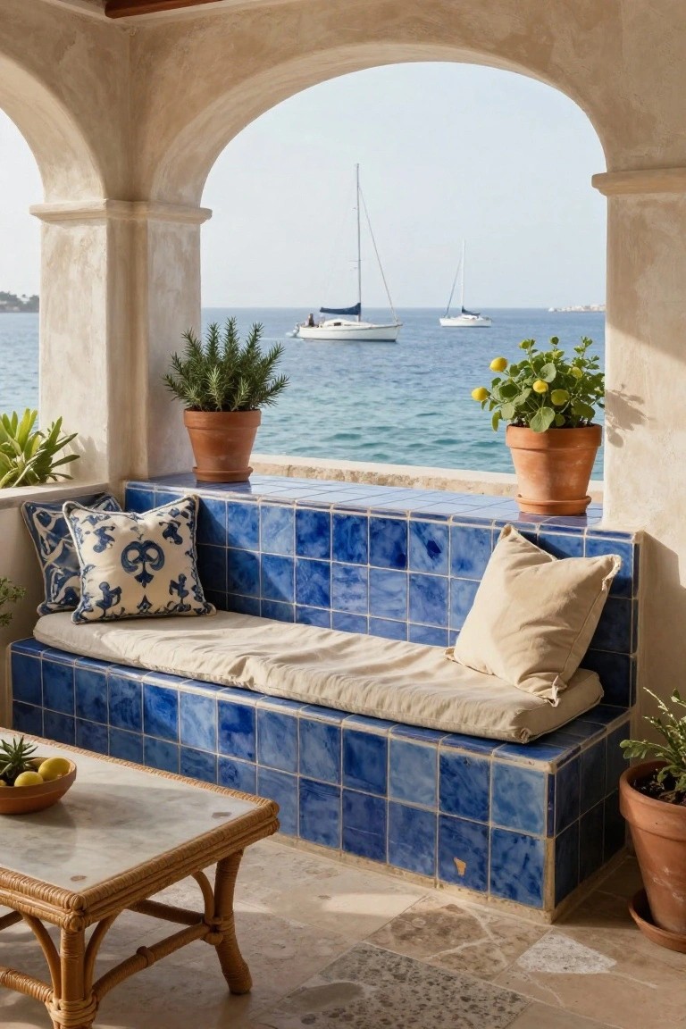 Outdoor terrace with arched stucco openings featuring a built-in blue tiled bench with beige cushions, patterned pillows, potted plants, rattan table holding lemons, and ocean view with sailboats.