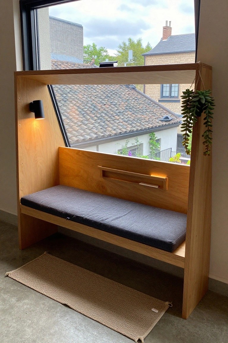 Wooden built-in bench with gray cushion under a large slanted window, featuring integrated shelf niche, wall-mounted cylindrical light, hanging succulent plant, and view of tiled rooftops, trees, and neighboring buildings.