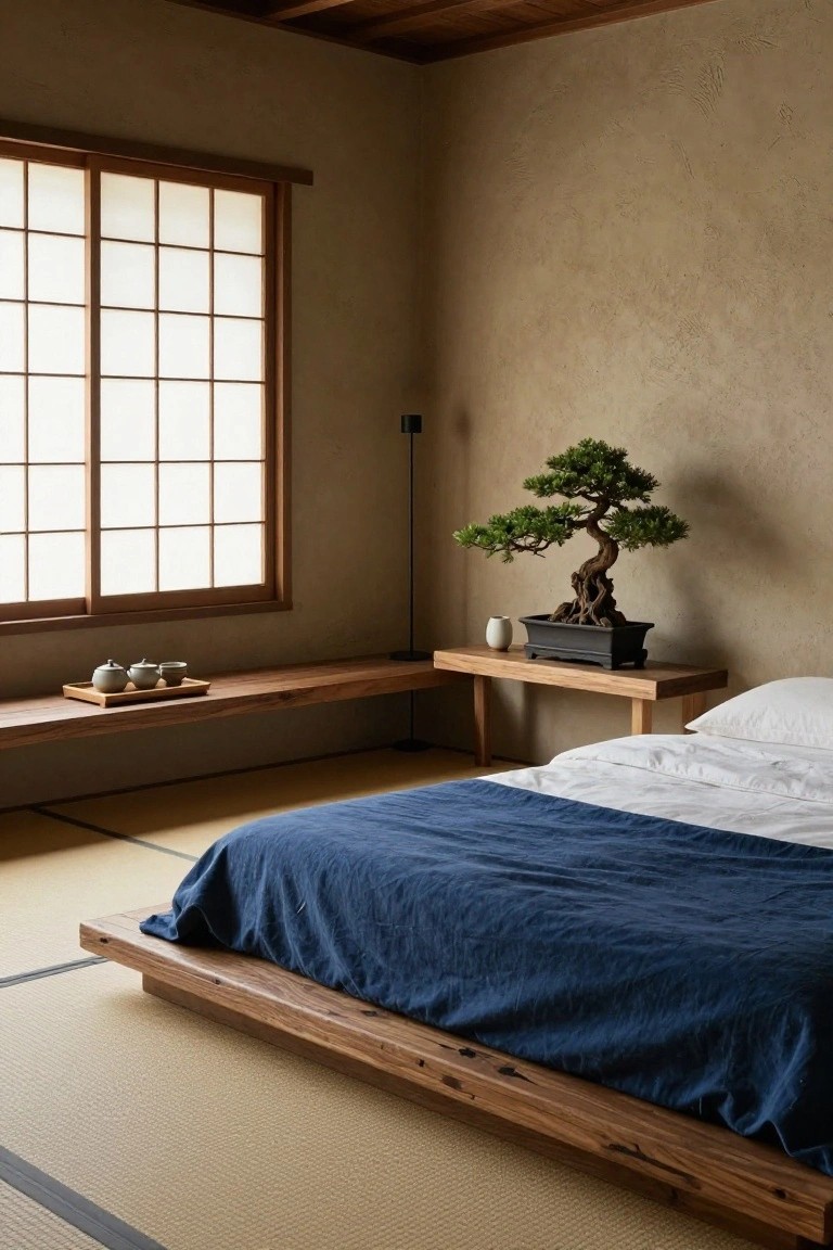 Japanese-style bedroom interior with shoji window, bonsai tree on wooden console table next to low platform bed on tatami floor, neutral clay walls, and wooden bench with teacups.
