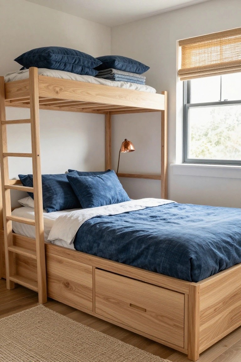 Wooden oak bunk bed frame with navy blue bedding and pillows on the lower bunk, stacked blankets and pillows on the upper bunk, drawers under the lower bed, in a white bedroom with bamboo window shade and seagrass rug.