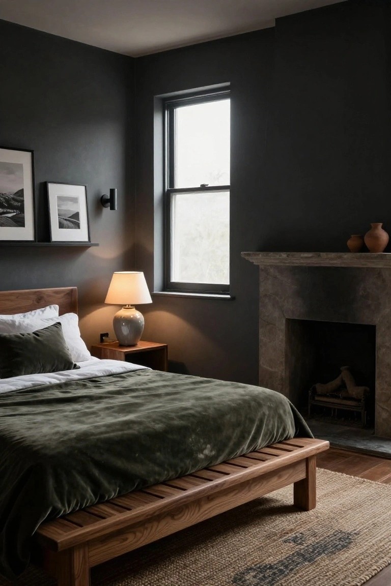 Bedroom with dark gray walls, low wooden platform bed covered in green velvet bedding and white sheets, bedside table with ceramic lamp, stone fireplace with logs, framed black-and-white photos on shelf, and large window.