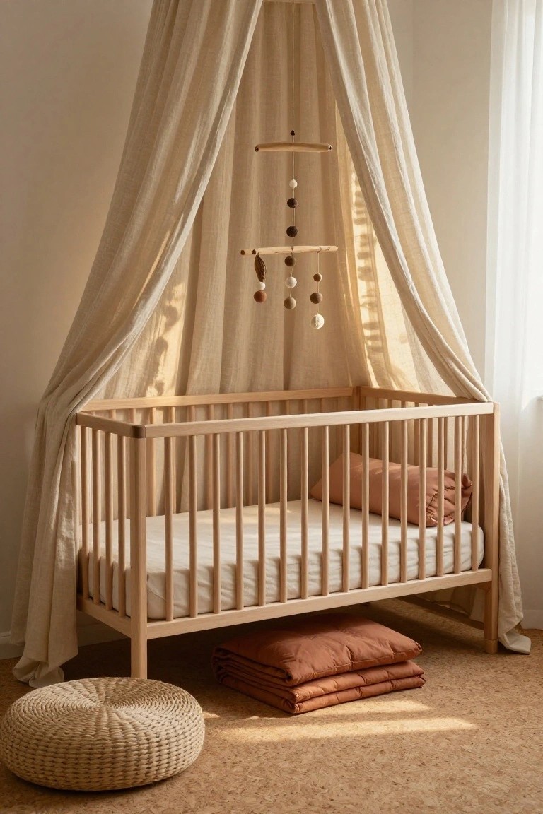 A light wooden crib with sheer beige linen canopy draped over the top, wooden mobile with beads and shapes hanging from a driftwood bar above it, peach bolster pillow on the mattress, rattan pouf and folded terracotta blankets on cork floor nearby.