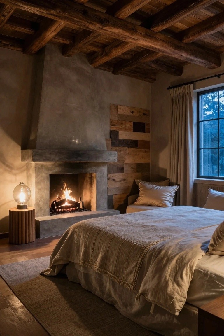 Bedroom with dark exposed wooden ceiling beams, textured light gray plaster walls, lit concrete fireplace with wood accent wall nearby, white bed with beige linens and pillows, wooden stool holding glass lamp, and window with cream curtains.