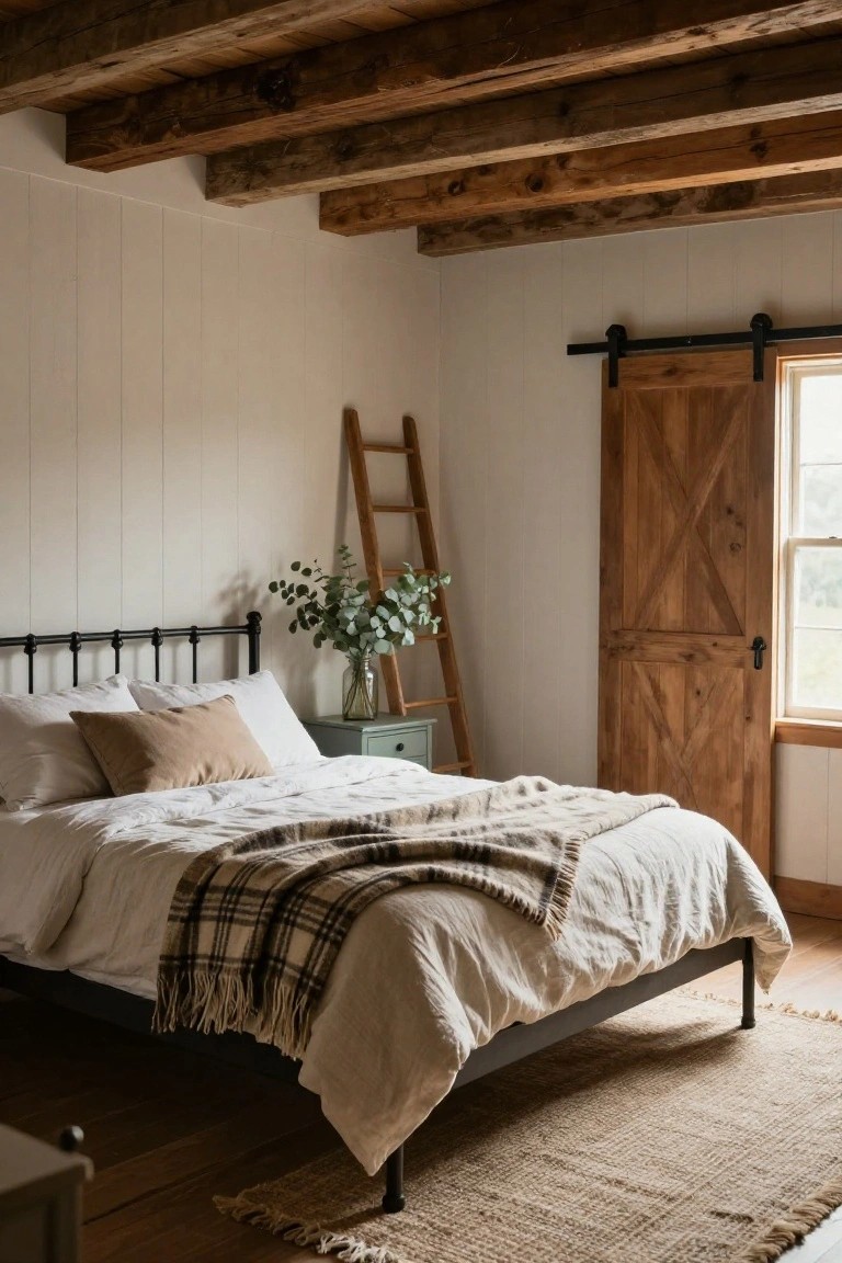 Cozy bedroom with exposed dark wooden ceiling beams, white shiplap walls, black metal bed frame with white linens plaid throw and tan pillow, mint green nightstand, wooden ladder shelf holding eucalyptus in glass vase, and barn door sliding door next to window over beige rug on wood floor