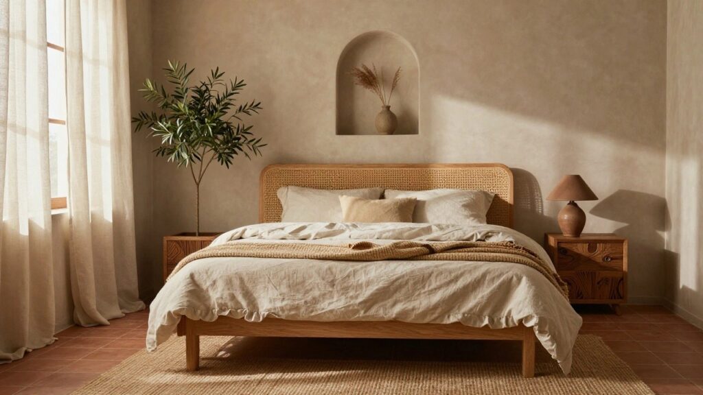 Bedroom interior with a curved rattan headboard, beige linen bedding and throw, wooden side table with terracotta jug, potted olive tree, pampas grass in niche, sheer curtains, and terracotta tile floor.