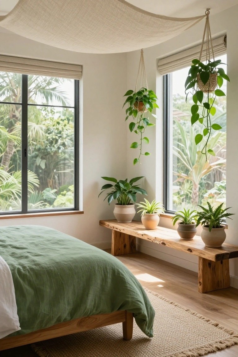 Sunlit bedroom corner with green linen bed on wooden frame, wooden bench at foot, multiple hanging and potted green plants near large black-framed windows overlooking tropical garden.