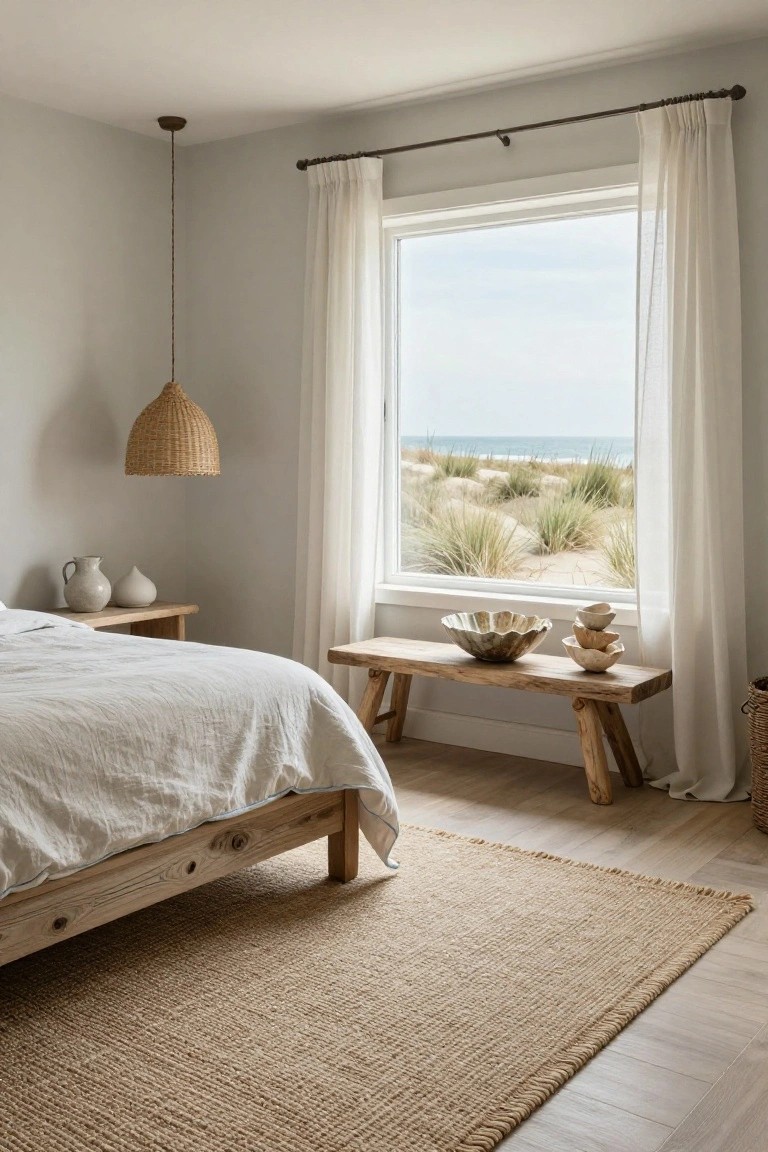 Light gray bedroom with white linen bed on wooden frame, wooden bench holding ceramic bowls at bed foot, rattan pendant light, seagrass rug on light wood floor, and large window with white curtains showing beach dunes and ocean.