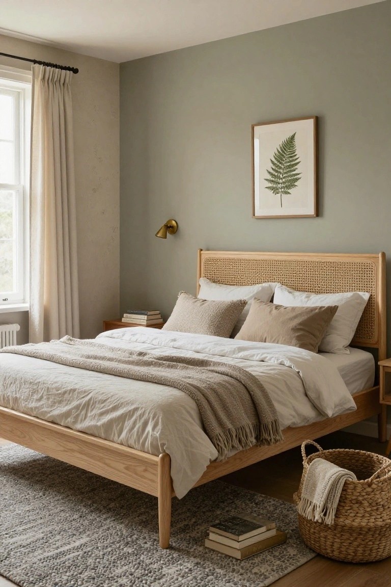 Bedroom interior with light sage green walls, wooden bed frame, rattan headboard, neutral pillows and sheets, fern print in wooden frame, nightstand with stacked books, wicker basket holding throws on gray rug.
