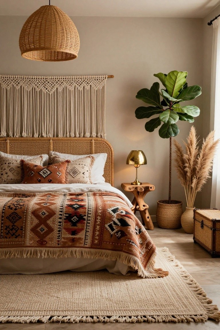 Bedroom with rattan headboard, terracotta geometric bedspread, macrame wall hanging, fiddle leaf fig plant, pampas grass, gold lamp on wooden stool, basket pendant light, and woven rug on wood floor.