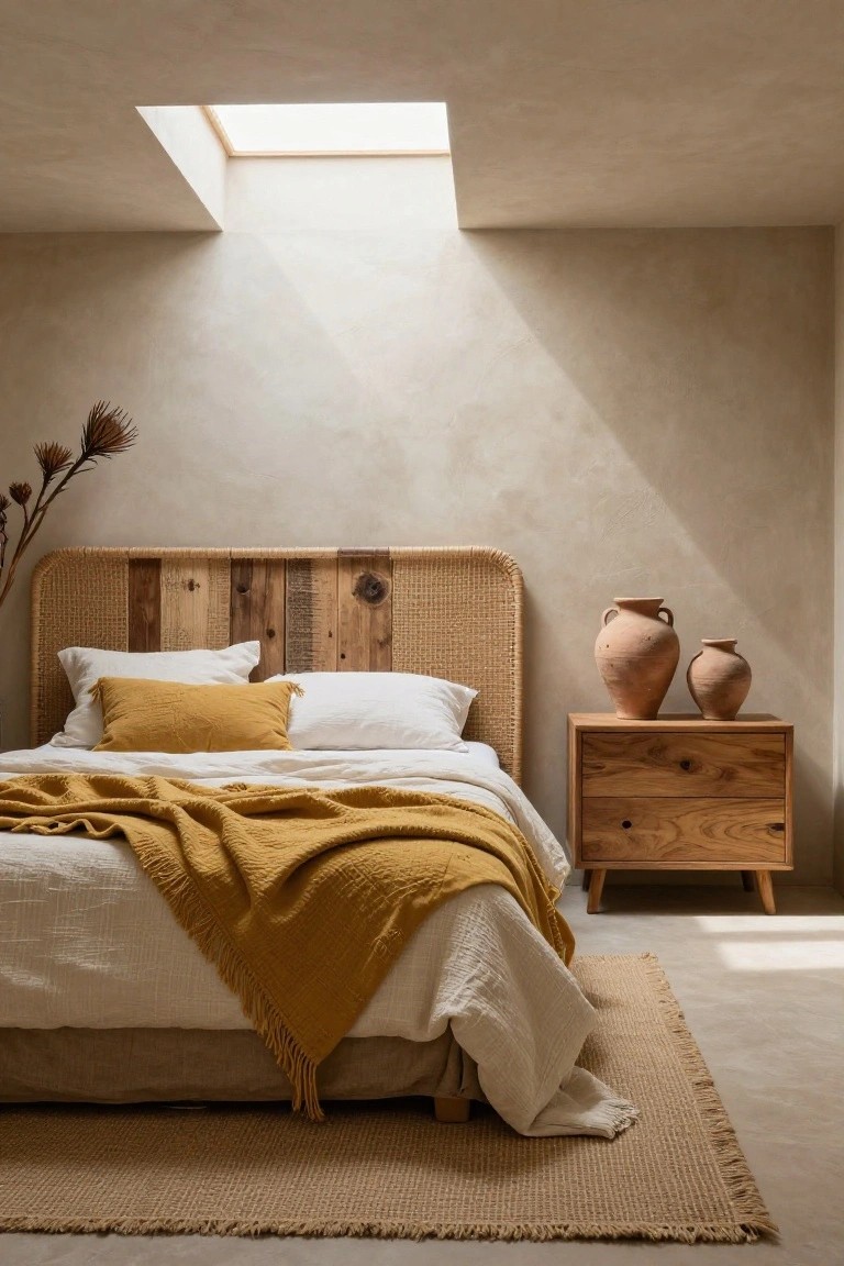 Bedroom interior with a rattan and reclaimed wood plank headboard, white and yellow bedding, wooden nightstand holding two terracotta vases, dried stems on wall, beige walls, skylight above, and beige jute rug on concrete floor.