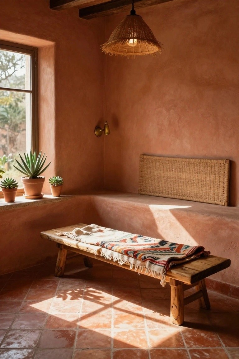 Corner of an earthy room with terracotta walls, wooden bench covered by a multicolored woven rug, potted succulents on the windowsill, rattan wall panel, hanging braided lamp, and terracotta tile floor.