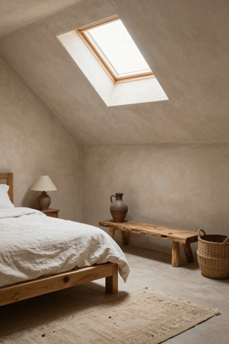 Attic bedroom with sloped beige textured walls and skylight, wooden bed frame with white bedding, live-edge wooden bench at foot of bed, bedside table with lamp and pottery jug, large clay vase on floor, woven basket, and neutral rug on concrete floor.