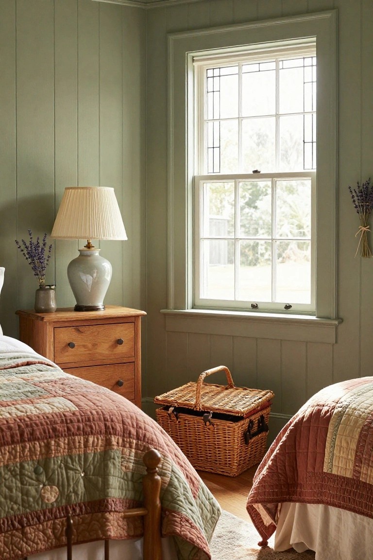 Corner view of a sage green paneled bedroom with wooden dresser, lamp, lavender vase, two twin beds with multicolored quilts, wicker picnic basket on floor, and large multipane window overlooking trees.