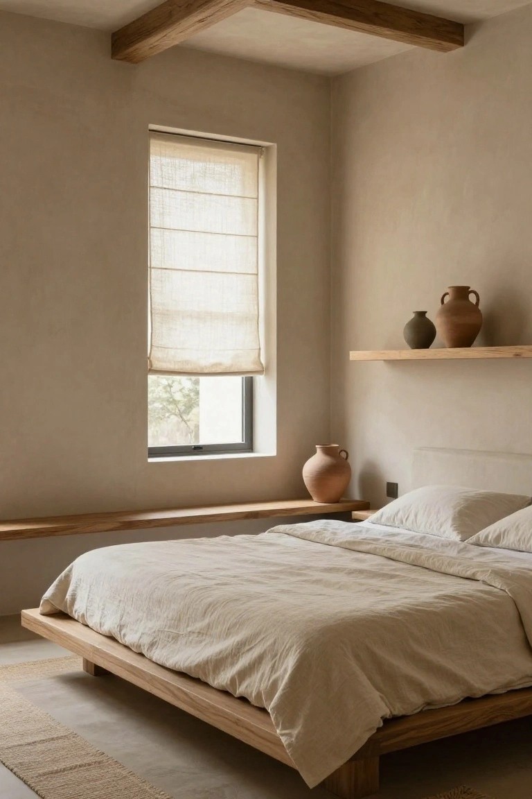 Bedroom with beige plaster walls, low wooden platform bed covered in white linen sheets, wooden floating shelves holding several terracotta pots, linen roman shade on window, and wooden bench along the wall.