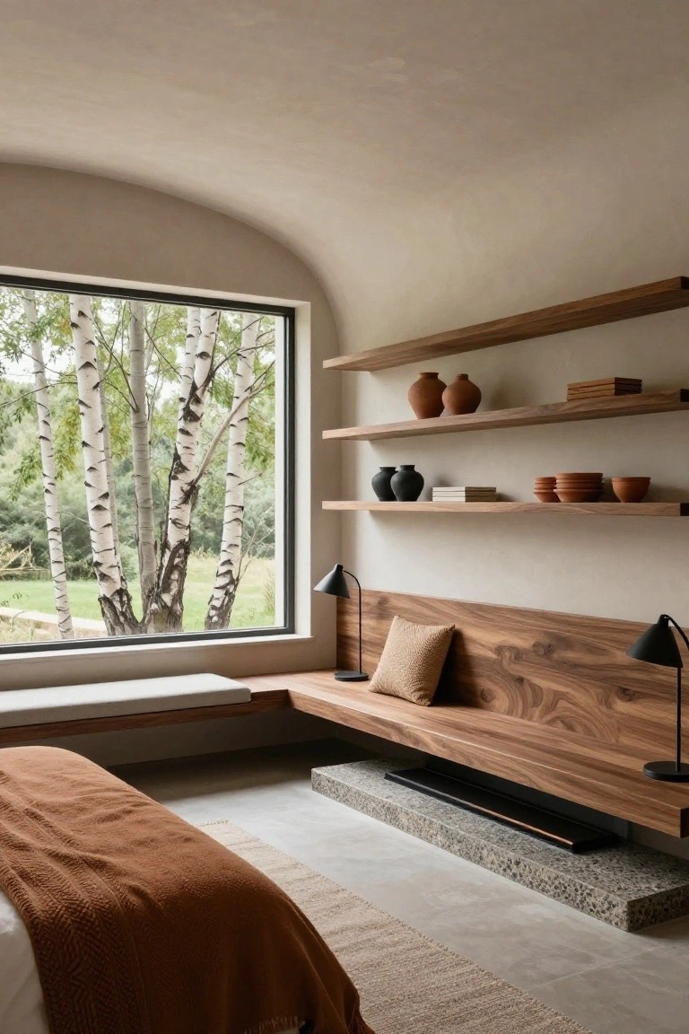 Bedroom with arched window overlooking birch trees and green landscape, wooden shelves holding terracotta pots and books, integrated wooden bench seat with beige cushion and orange throw on nearby bed.