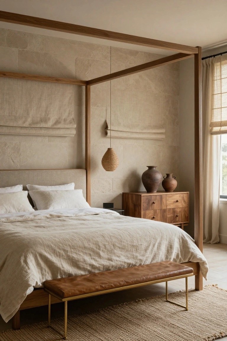 Bedroom with light wooden canopy bed frame, beige upholstered headboard, white linen pillows and sheets, dark wood dresser holding two terracotta vases, rattan pendant lamp hanging from wooden beam, linen shades on beige stone walls, brown leather bench on brass legs at bed foot, seagrass rug on wood floor.