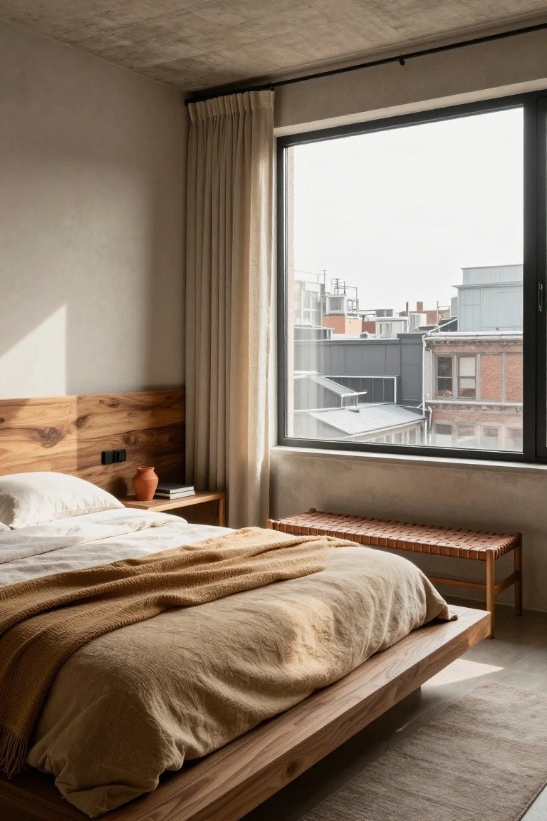 Bedroom with low wooden platform bed featuring integrated headboard, white pillows and beige linen sheets with throw blanket, terracotta vase and books on wood nightstand, wicker bench at foot, large curtained window showing city view, concrete walls and ceiling.