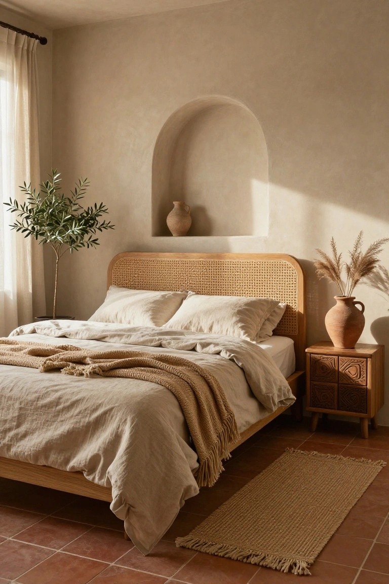 Bedroom interior with a curved rattan headboard, beige linen bedding and throw, wooden side table with terracotta jug, potted olive tree, pampas grass in niche, sheer curtains, and terracotta tile floor.