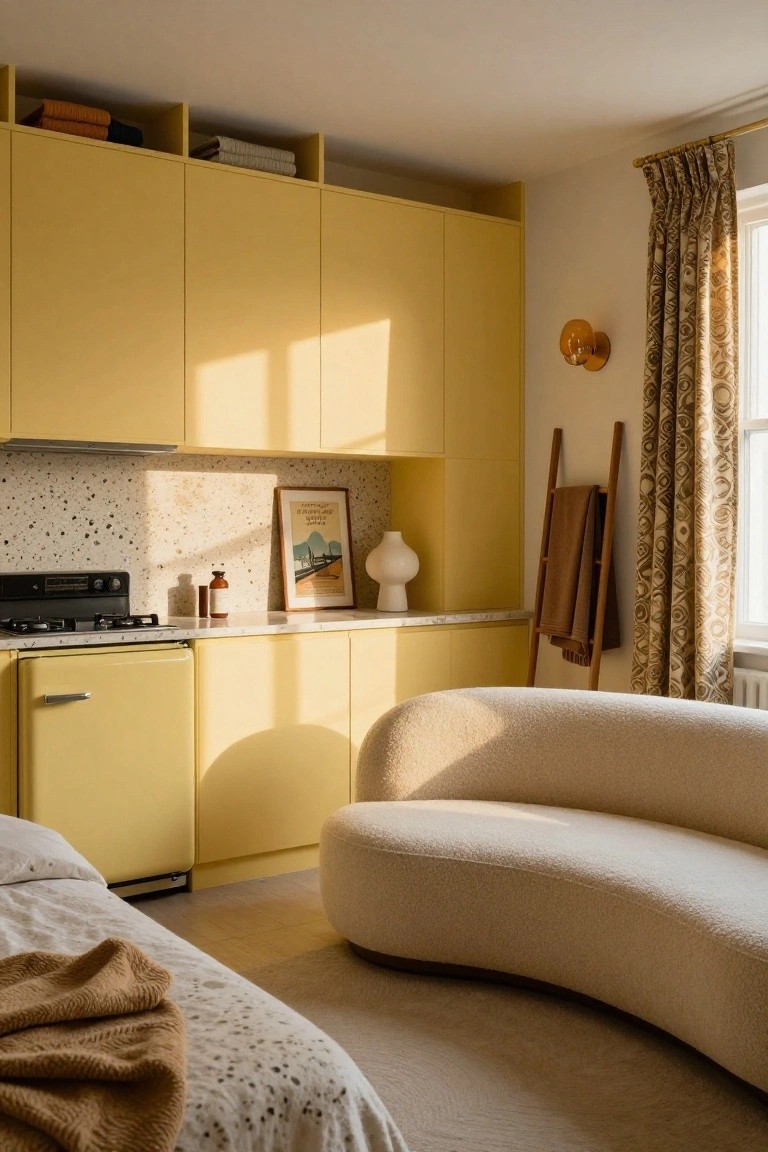 Compact studio apartment interior with bright yellow kitchen cabinets and fridge, speckled backsplash, white countertops, curved cream sofa, and bed visible in the background.