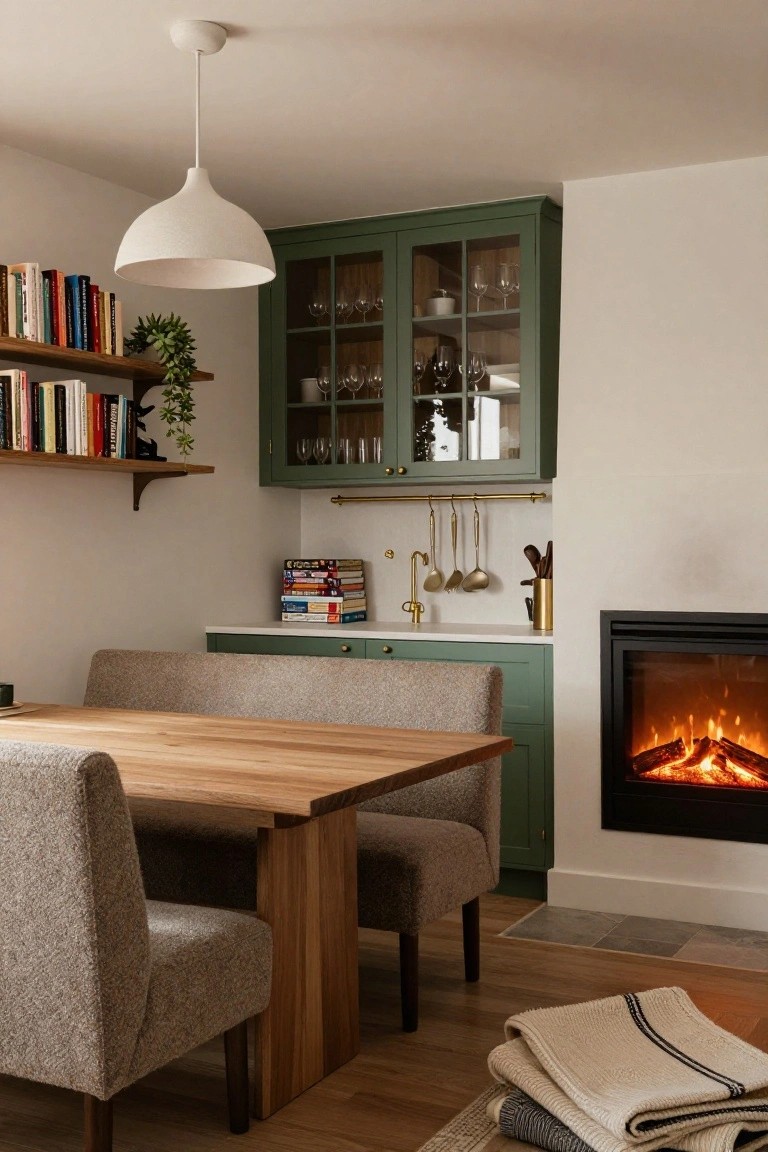 Kitchen-dining nook with green cabinets, wooden table, upholstered bench seating along one side, chairs on the other, brass faucet, hanging utensils, and electric fireplace.