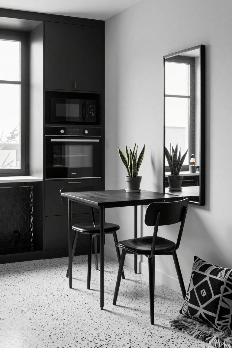 Small modern kitchen with black cabinets, stacked microwave and oven, compact black square dining table and two chairs against cabinets, two potted snake plants, large wall mirror reflecting window, terrazzo floor, and patterned pillow on floor.
